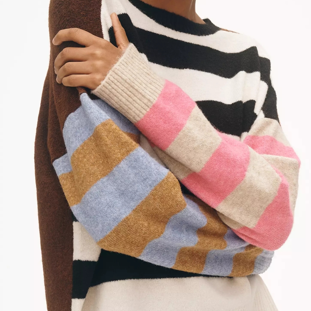 Anthropologie Pink and Blue Crew Neck Sweater with Color Block Design